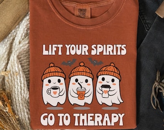 Go To Therapy Halloween Ghost T-shirt | Cute Mental Health Tee for Therapists Counselors and Mental Health Advocates