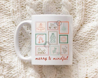 Christmas Stamps Mug Merry and Mindful Vintage Inspired Postage Stamps Christmas Mug