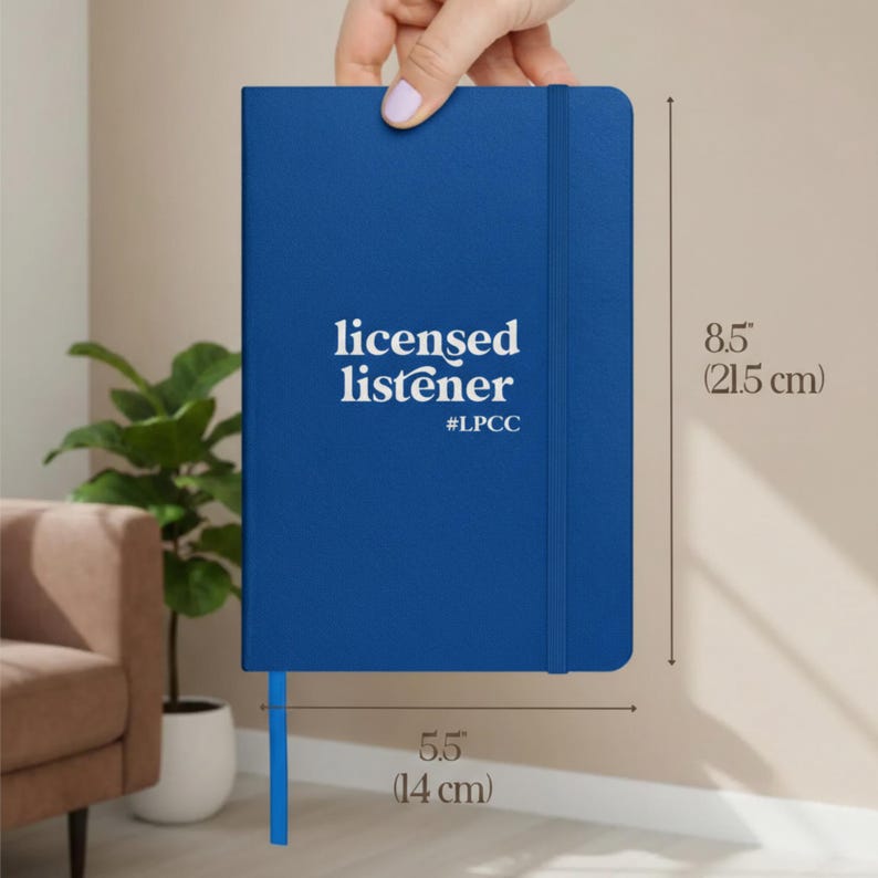 May include: A blue notebook with an elastic closure band, featuring the white text licensed listener and #LPCC. The notebook measures 8.5 inches in height and 5.5 inches in width, as indicated by the visible measurement lines.