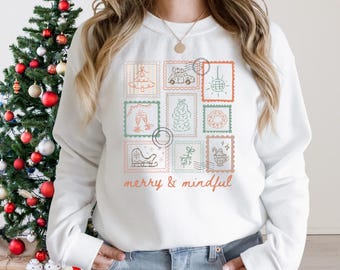Christmas Postage Stamp Shirt White Merry and Mindful Holiday Stamp Sweatshirt