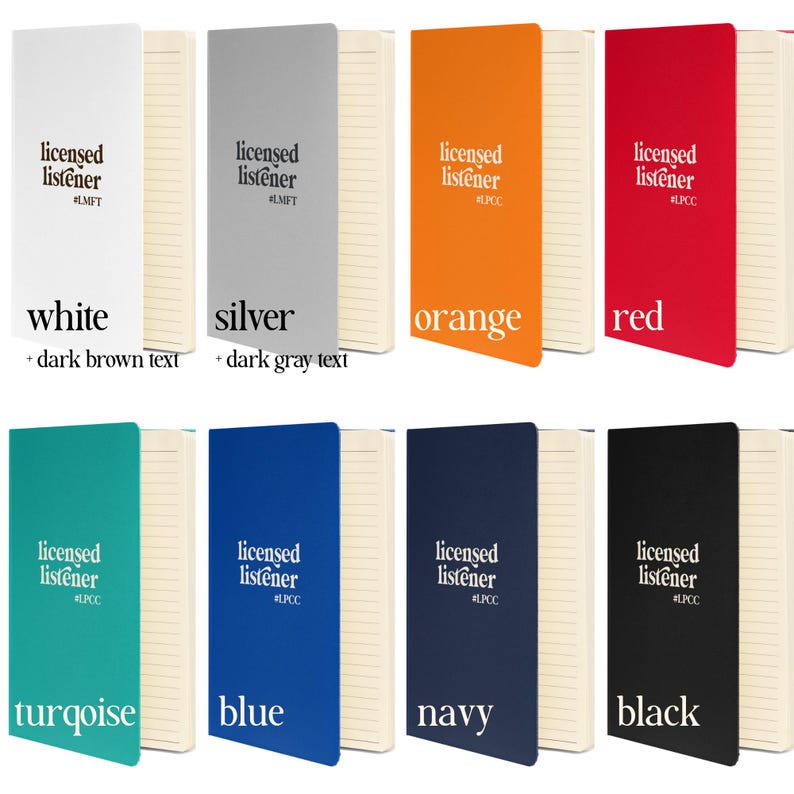 May include: A collection of notebooks with colored covers in white, silver, orange, red, turquoise, blue, navy, and black. Each notebook features the text "licensed listener" and a unique identifier. The notebooks have cream-colored lined pages.