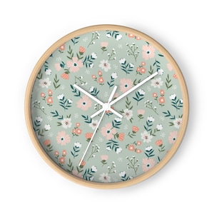 Wall Clock | Floral | Green Blue Pink White | Wood Frame Clock | Office | Home Living | Analog Hanging Clock