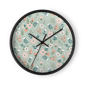 Wall Clock | Floral | Green Blue Pink White | Wood Frame Clock | Office | Home Living | Analog Hanging Clock