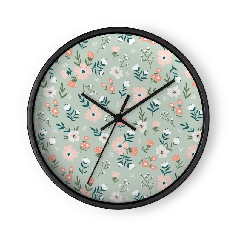 Wall Clock | Floral | Green Blue Pink White | Wood Frame Clock | Office | Home Living | Analog Hanging Clock