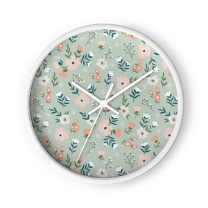 Wall Clock | Floral | Green Blue Pink White | Wood Frame Clock | Office | Home Living | Analog Hanging Clock