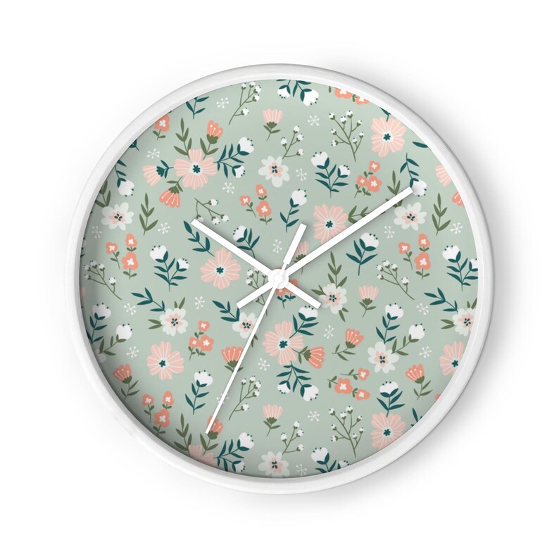 Wall Clock | Floral | Green Blue Pink White | Wood Frame Clock | Office | Home Living | Analog Hanging Clock
