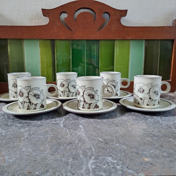 Retro coffee cups and saucer set of six 1970s 1980s Hornsea Pottery 'Cornrose' demitasse for espresso