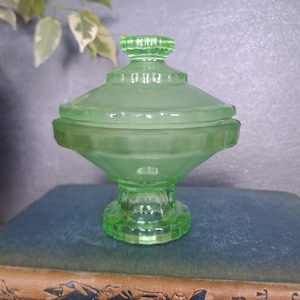Vintage Art Deco style green glass lidded trinket pot