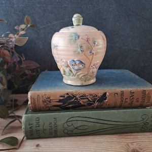 Peut inclure: Un pot en céramique avec couvercle, orné de motifs floraux bleus, verts et roses sur fond crème. Le pot est posé sur deux livres anciens aux couvertures bleues et vertes. Hauteur du pot : environ 15 cm.
