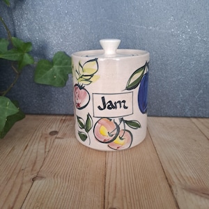Geoffrey Maund 1950s jam pot; vintage handpainted fruit pattern preserves pot; retro kitchenalia; cottagecore vintage ceramic lidded jam pot