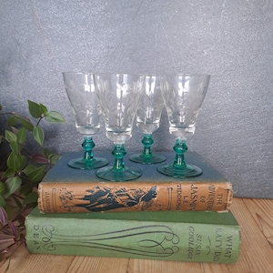 Vintage aperatif or digestive glasses; set of four retro etched sherry glasses with jade coloured stems; vintage retro 1960s barware