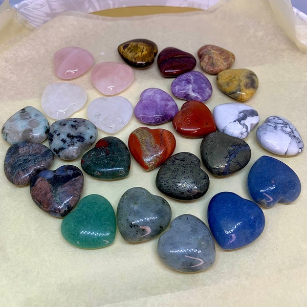 Crystal Mini Heart Carvings Love Pocket Stone in Multiple Mineral Varieties, Quartz, Labradorite, Pyrite, Tigers Eye, Howlite, Jaspers