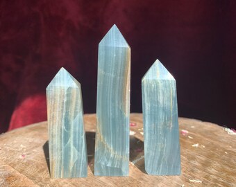 Blue Lumerian Onyx / Lumerian Aquatine Calcite Crystal Tower Obelisk Polished Carving ( YOU CHOOSE )