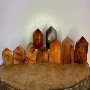 Unique Carnelian Crystal Polished Tower Carvings, Carved Agate Mineral Obelisks