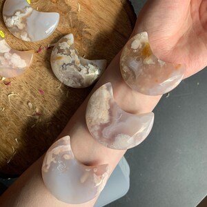 Flower Blossom Agate Crescent Moon Crystal Carving Polished Stone Moon ( YOU CHOOSE )