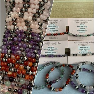 HANDMADE Crystal Bracelets 6mm Fluorite, Amethyst, Rose Quartz, Carnelian & Hematite Crystal Beaded Stretchy Jewelry Bracelets