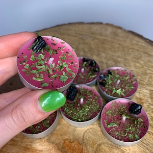 Handmade Beeswax Tealight Candles w/ HOMEGROWN, HOME-DRIED Herbs, Crystals, 100% Natural Essential/Fragrance Oils