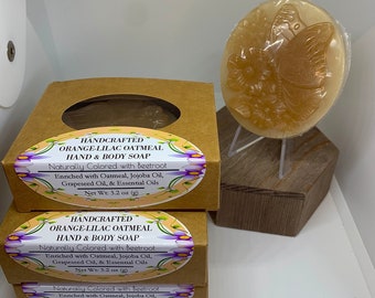 3,2 oz de savon artisanal pour les mains et le corps à l'avoine et au lilas, enrichi d'huiles de jojoba et de pépins de raisin, d'huiles essentielles, naturellement coloré