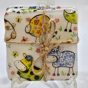 Set of 4 Fused Glass Farm Animals Coasters