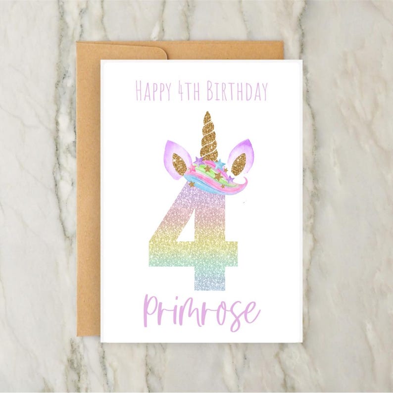 May include: A birthday card with a unicorn theme. The card features the text "Happy 4th Birthday" and the name "Primrose". The number 4 is in a rainbow glitter design, and the unicorn has a gold horn and ears.