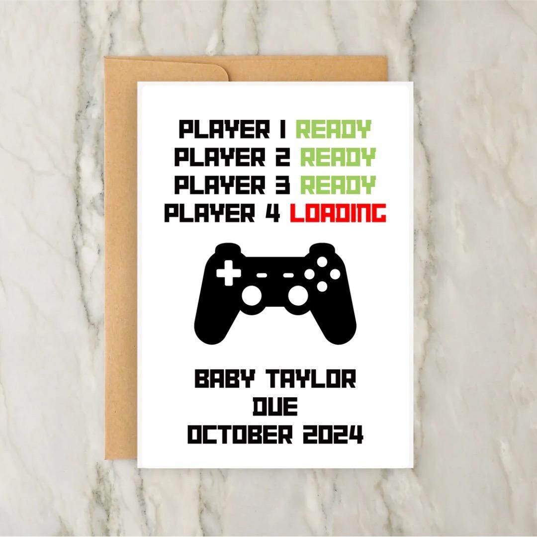Player 2 Loading Player 4 Loading Pregnancy Announcement Card | Funny Pregnancy ...