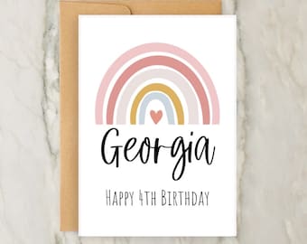 Rainbow 4th Birthday Card | Personalised Girls Birthday Card | Custom Age Greeting Card | Baby | Name | A6 | 5x7