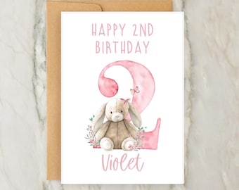 2e verjaardagskaart konijn | Gepersonaliseerde wenskaart voor babymeisje | Aangepaste nummerkaart | A6 | 5x7
