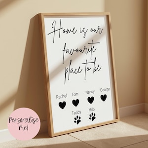 Home Is Our Favourite Place To Be Print | Personalised Family Wall Art | Custom Home Decor | Family & Pets | Gift Idea | A4 | 8x10 | A3