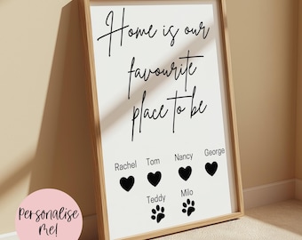 Home Is Our Favourite Place To Be Print | Personalised Family Wall Art | Custom Home Decor | Family & Pets | Gift Idea | A4 | 8x10 | A3