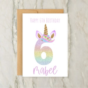 Carte de 6e anniversaire Licorne | de voeux personnalisée pour filles | Carte d'âge personnalisée | Anniversaire Fille | carte numérique | A6 | 5 x 7