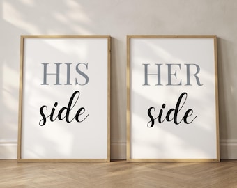 Op de afbeelding: Twee rechthoekige wandposters in lichte houten lijsten. De linker poster bevat de grijze tekst HIS en de zwarte cursieve tekst side. De rechter poster bevat de grijze tekst HER en de zwarte cursieve tekst side op een witte achtergrond.