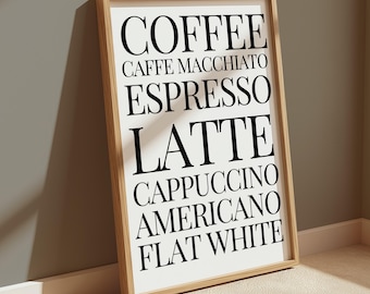 Lámina con diseños de café / Arte para la pared de la cocina / Decoración del hogar estilo póster / Frase / Comedor / Idea de regalo / 6x4 / A5 / A4 / 8x10 / A3