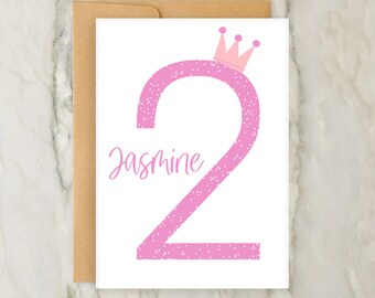 2nd Birthday Crown Card | Personalised GIrls Greeting Card | Age Card | GIrls Birthday | Number Card | A6 | 5x7