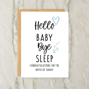 Tarjeta de "Hola Bebé, Adiós Dormir" para recién nacido / Tarjeta de felicitación personalizada / Tarjeta personalizada / Nuevos padres / Azul / Felicitaciones / A6 / 5x7