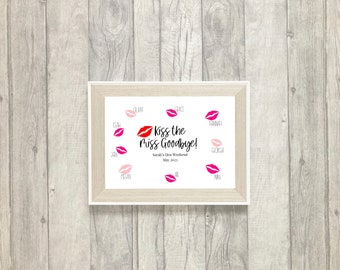 Kiss The Miss Goodbye Hen Party Print | Personalised Bridal Shower Print | Lipstick Print | Bachelorette | Hen Do Keepsake | A4