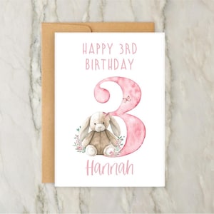 Rabbit 3rd Birthday Card | Personalised Baby Girl Greeting Card | Custom Number Card | A6 | 5x7
