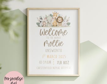 Safari New Baby Print | Personalised Home Decor | Custom Wall Art | Animal | Gift Idea | Nursery Decor | A4 | 8x10 | A3