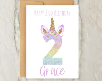Einhorn-Geburtstagskarte zum 2. Geburtstag | Personalisierte Grußkarte für Mädchen | Karte mit individuellem Alter | Mädchengeburtstag | Zahlenkarte | A6 | 5x7