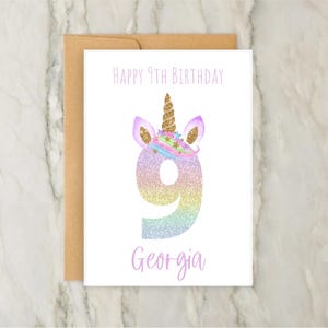 9e anniversaire de licorne | de voeux personnalisée pour filles | Carte d'âge personnalisée | Anniversaire de filles | carte numérique | A6 | 5 x 7
