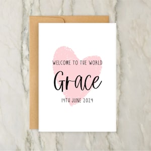 Tarjeta de felicitación personalizada con corazón rosa para bebé recién nacida / Tarjeta personalizada / Nuevos padres / Felicitaciones / A6 / 5x7