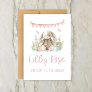 Kaninchen neue Baby Mädchen Karte | Personalisierte Grußkarte | Benutzerdefinierte Karte | Neue Eltern | Herzlichen Glückwunsch | DIN A6 | 5x7