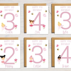 Tarjeta de cumpleaños de hadas / Tarjeta de cumpleaños infantil personalizada / Tarjeta de felicitación por edad / Niñas / Princesa / Nombre / A6 / 5x7