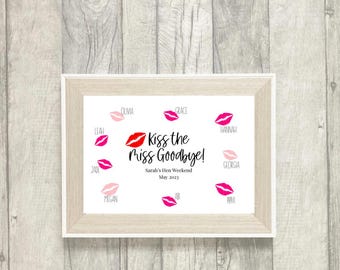 キス・ザ・ミス・グッバイ・ヘンパーティープリント｜パーソナライズされたブライダルシャワープリント｜リップスティックプリント｜独身最後のパーティー｜ヘンパーティー記念品｜A4サイズ