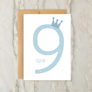 Cartão de coroa para 9º aniversário | Cartão de felicitações personalizado para meninos | Cartão de idade personalizado | Aniversário de meninos | Cartão numérico | A6 | 5x7