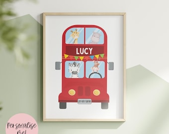 Czerwony londyński autobus | Spersonalizowana grafika ścienna z motywem transportu | Dekoracje dla dzieci | Pokój dziecięcy | Sypialnia | Pomysł na prezent | Noworodek | A4 | 8x10 | A3