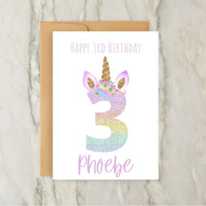 Cartão de aniversário de 3 anos de unicórnio | Cartão de felicitações personalizado para meninas | Cartão de idade personalizado | Aniversário de meninas | Cartão numérico | A6 | 5x7