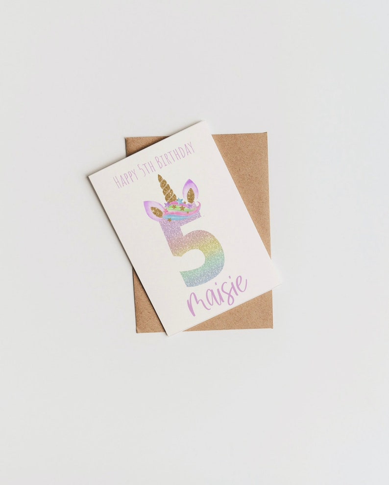 Personalised Unicorn 5th Birthday Card, Girl Birthday Card, Card For 5 - View #3