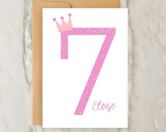 7th Birthday Crown Card | Personalised Girls Greeting Card | Custom Age Card | Girls Birthday | Number Card | A6 | 5x7