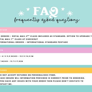 May include: A light blue informational graphic titled FAQ frequently asked questions. It features three sections with pink and yellow headers detailing postage, sizes including 4.1 x 5.8 inches and 5 x 7 inches, and return policies for orders.