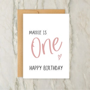 Tarjeta de primer cumpleaños / Tarjeta de felicitación personalizada para niña / Tarjeta con número personalizado / Uno / Rosa / A6 / 5x7